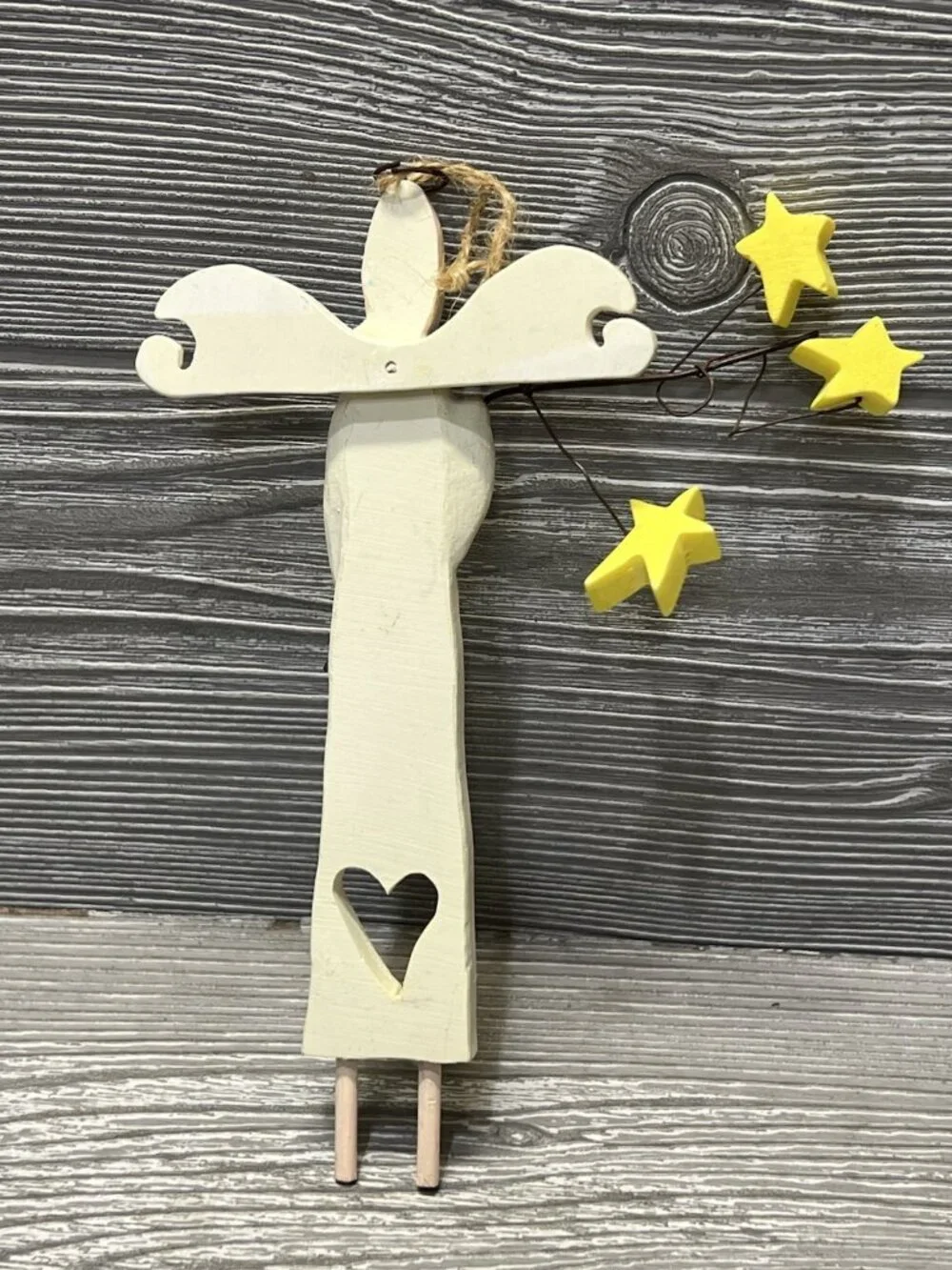 Primitive Skinny Angel Ornament with Stars 7” Jute Hanger Celestial Holiday